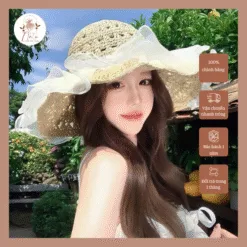 Mũ cói viền voan